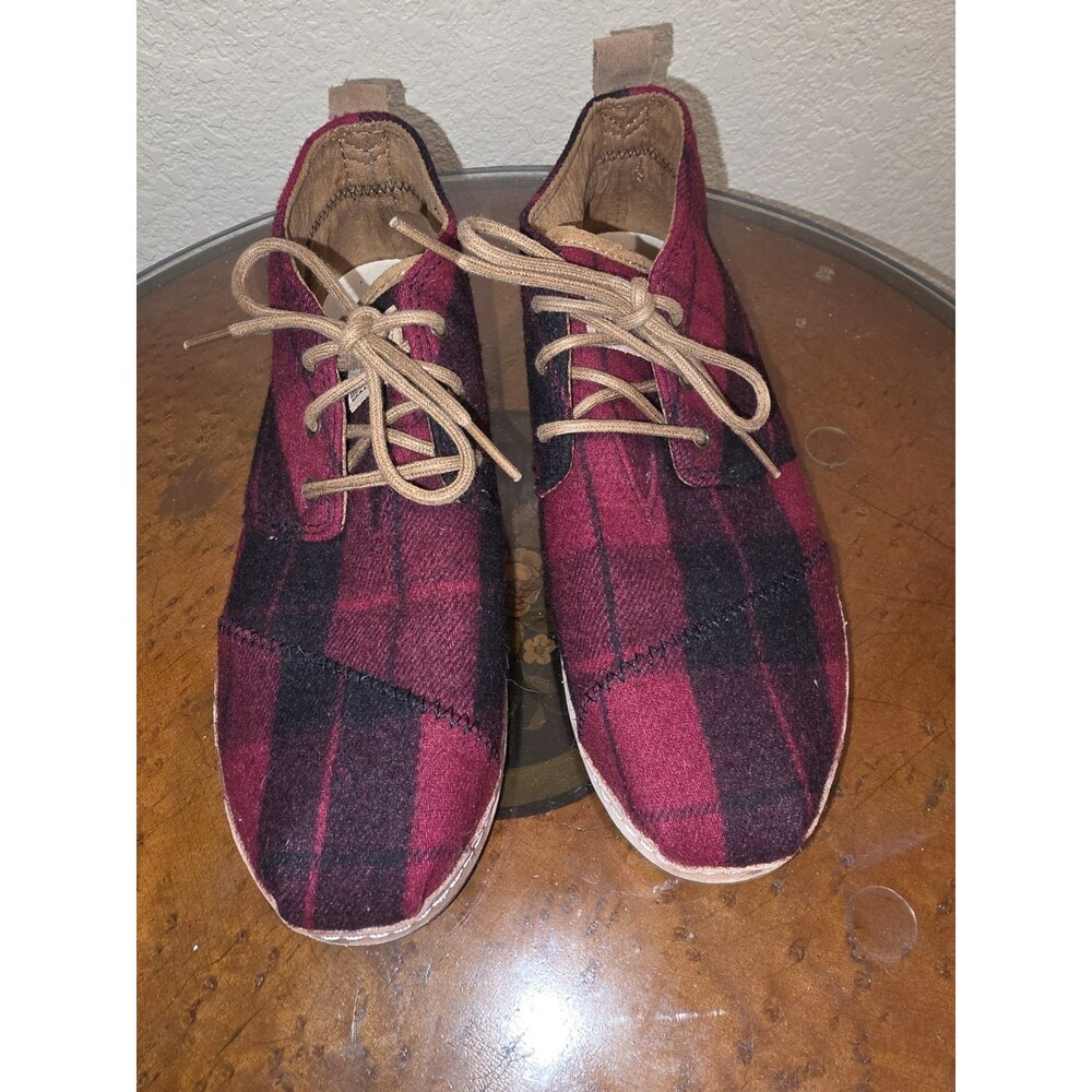 TOMS Bota Boots Womens 8.5 Ankle Bootie Lace Up Casual Comfort Red Black Plaid